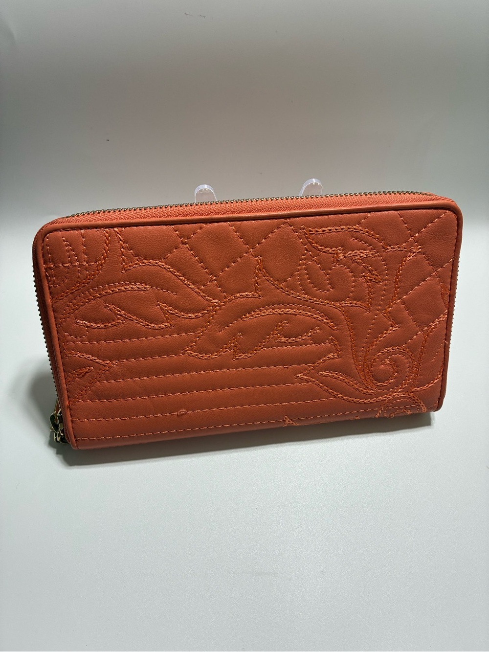 Versace Quilted Floral Zip Wallet in Vibrant Orange